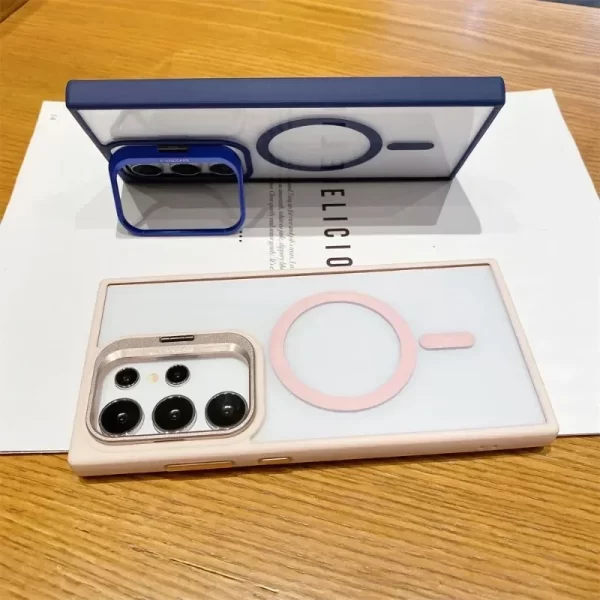 Magnetic Lens Protection Stand Phone Case For Samsung S24 S23 S22 Ultra Plus FE Clear Magsafe Wireless Charger Hard Back Cover - Image 3