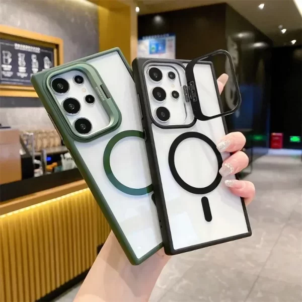 Magnetic Lens Protection Stand Phone Case For Samsung S24 S23 S22 Ultra Plus FE Clear Magsafe Wireless Charger Hard Back Cover - Image 6