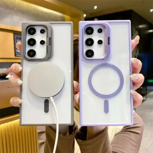 Magnetic Lens Protection Stand Phone Case For Samsung S24 S23 S22 Ultra Plus FE Clear Magsafe Wireless Charger Hard Back Cover - Image 2