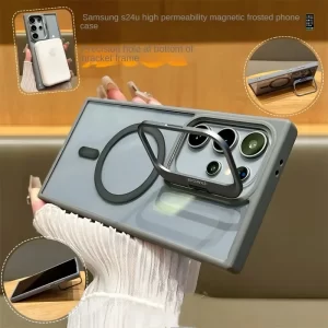 Magnetic Lens Protection Stand Phone Case For Samsung S24 S23 S22 Ultra Plus FE Clear Magsafe Wireless Charger Hard Back Cover