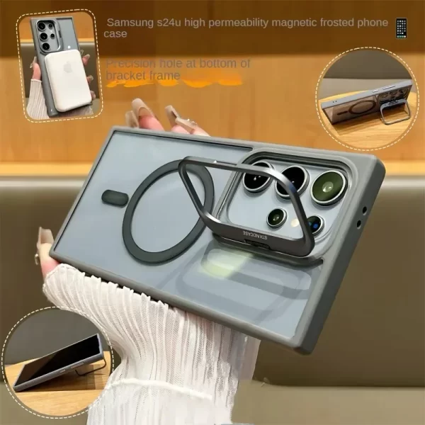 Magnetic Lens Protection Stand Phone Case For Samsung S24 S23 S22 Ultra Plus FE Clear Magsafe Wireless Charger Hard Back Cover